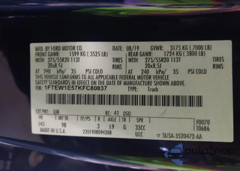 2019 Ford F-150 Platinum from USA, damaged, VIN 1FTEW1E57KFC80837